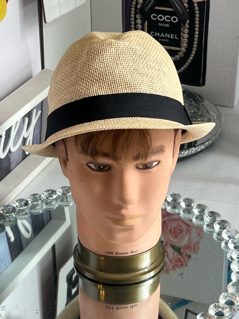 H&M Natural Straw Hat with Black Inner Band size L 60